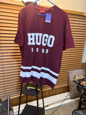 HUGO Burgundy Tee with White Varsity Stripes